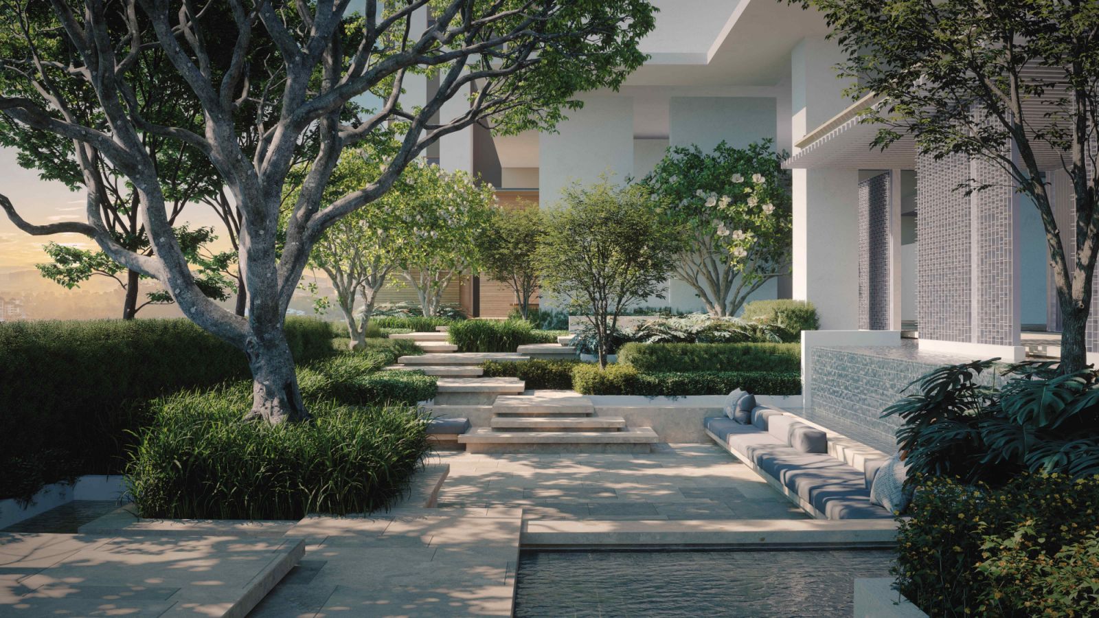 The sunken seating court amidst the stepping terrace