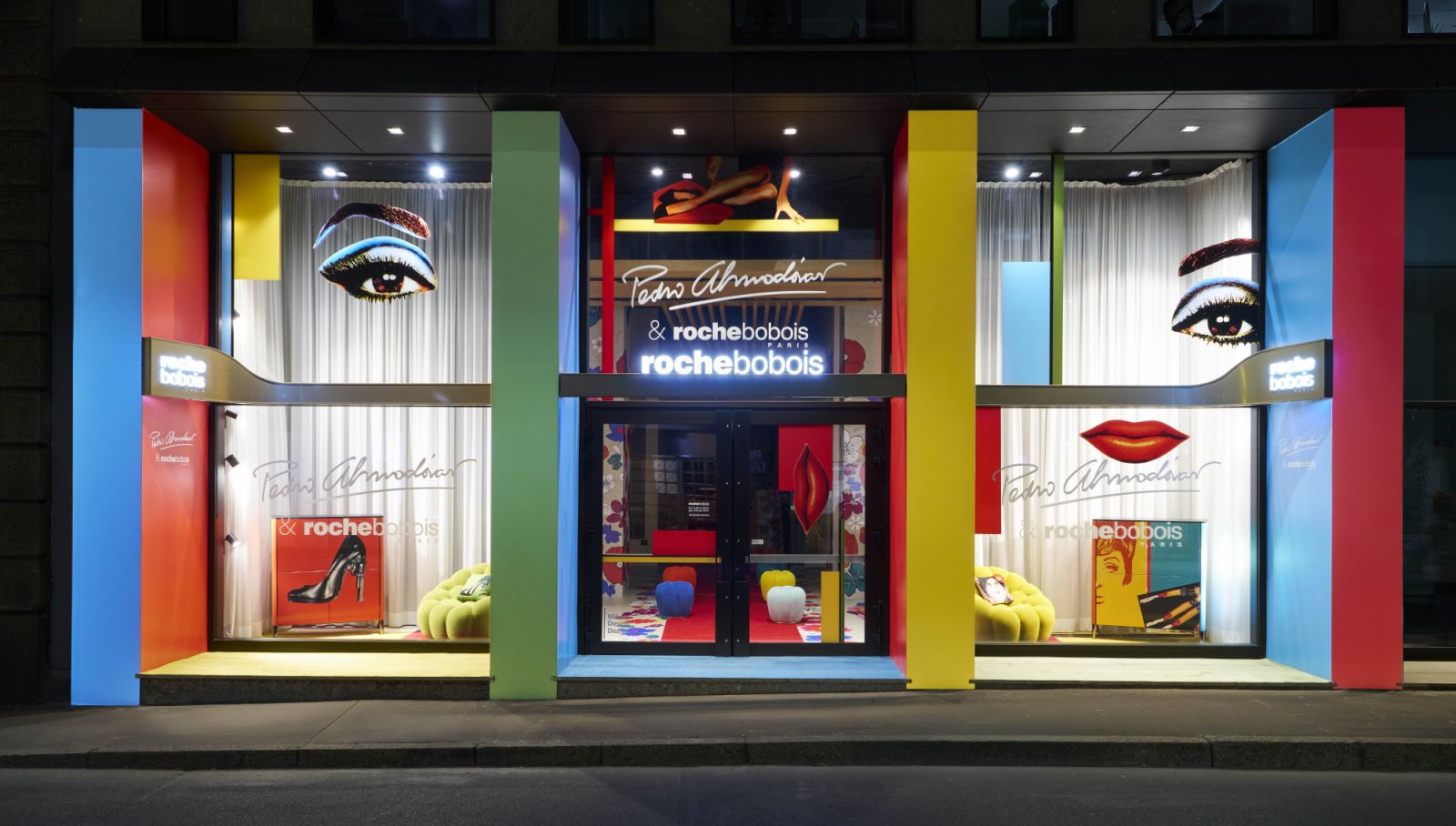 The façade of the Roche Bobois showroom was dressed in bold colours during Milan Design Week 2025, celebrating the Cromática collection