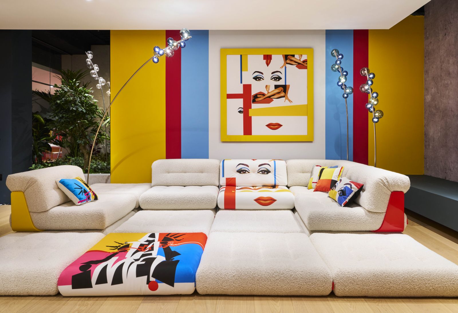 The Mahjong sofa in neutral upholstery was spiced up with primary colours drawn from Pedro Almodóvar’s films
