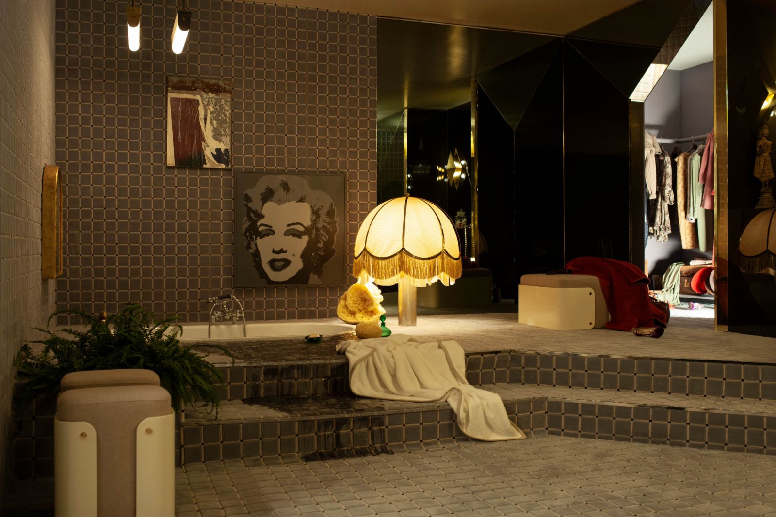The indoor pool setting at Loro Piana and Dimorestudio’s showcase added a surreal, cinematic layer to the installation