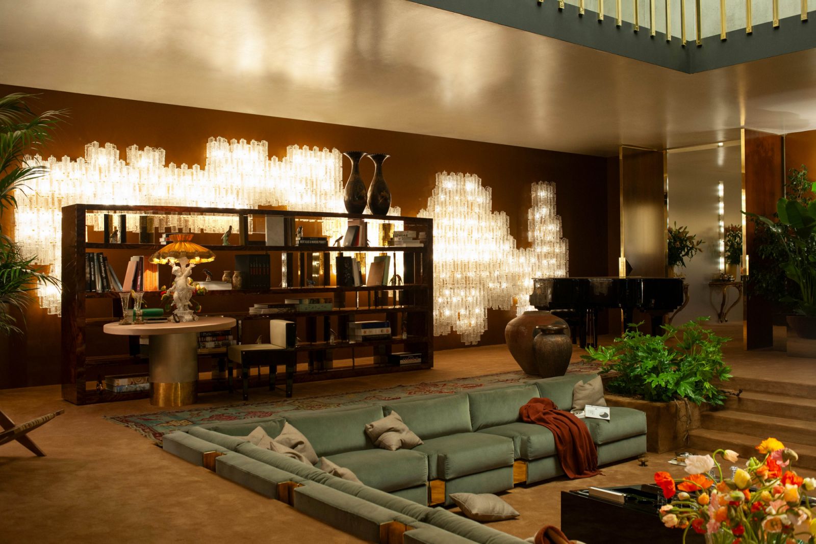The sunken living room setting at Loro Piana and Dimorestudio’s showcase evoked a sense of intimacy and quiet theatricality.
