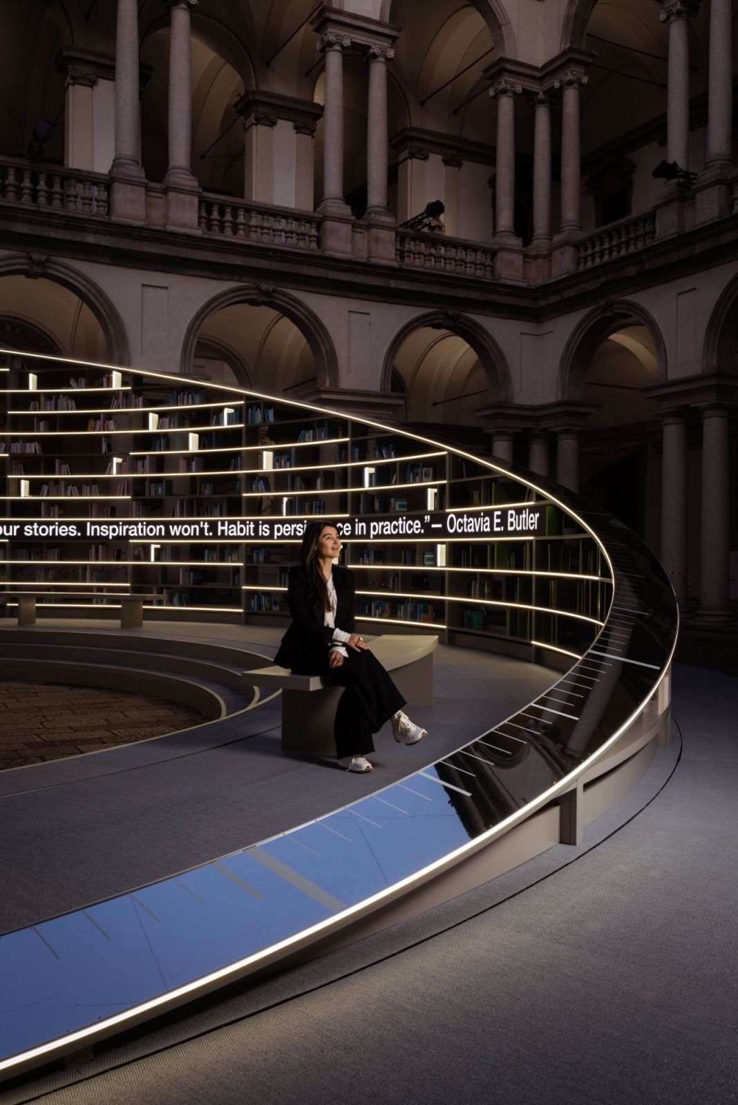 Es Devlin at Library of Light, a luminous installation in the Cortile d’Onore at Pinacoteca di Brera