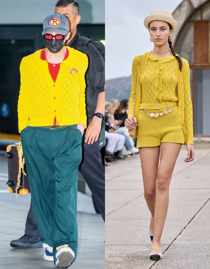 Chiếc cardigan màu vàng thuộc Look 18 của bộ sưu tập CHANEL Cruise 2025. Ảnh: Newsen; VogueHK