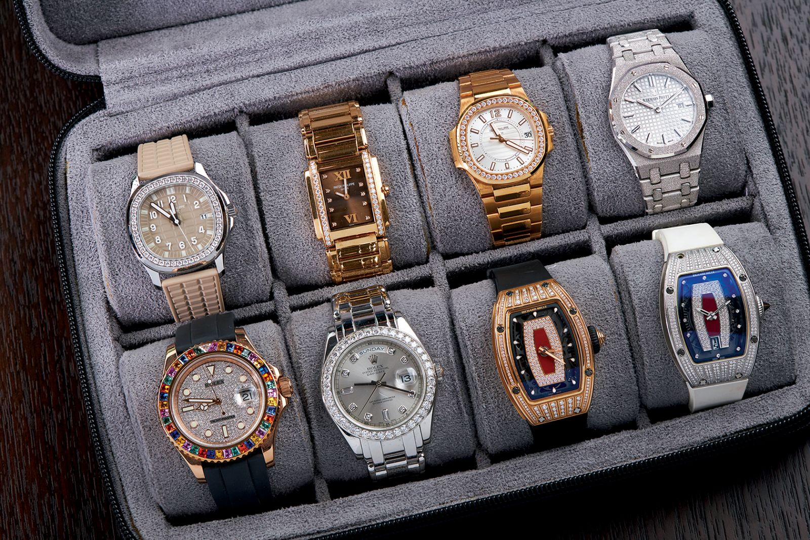 Small Laude’s diamond-studded models from Patek Philippe, Audemars Piguet, Rolex and Richard Mille (Photo by Wesley Villarica)