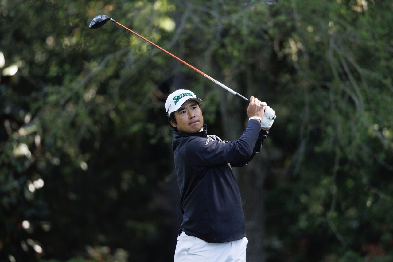 Masters champion Hideki Matsuyama of Japan plays a stroke from the No. 2 tee during the third round of the 2024 Masters Tournament at Augusta National Golf Club, Saturday, April 13, 2024.