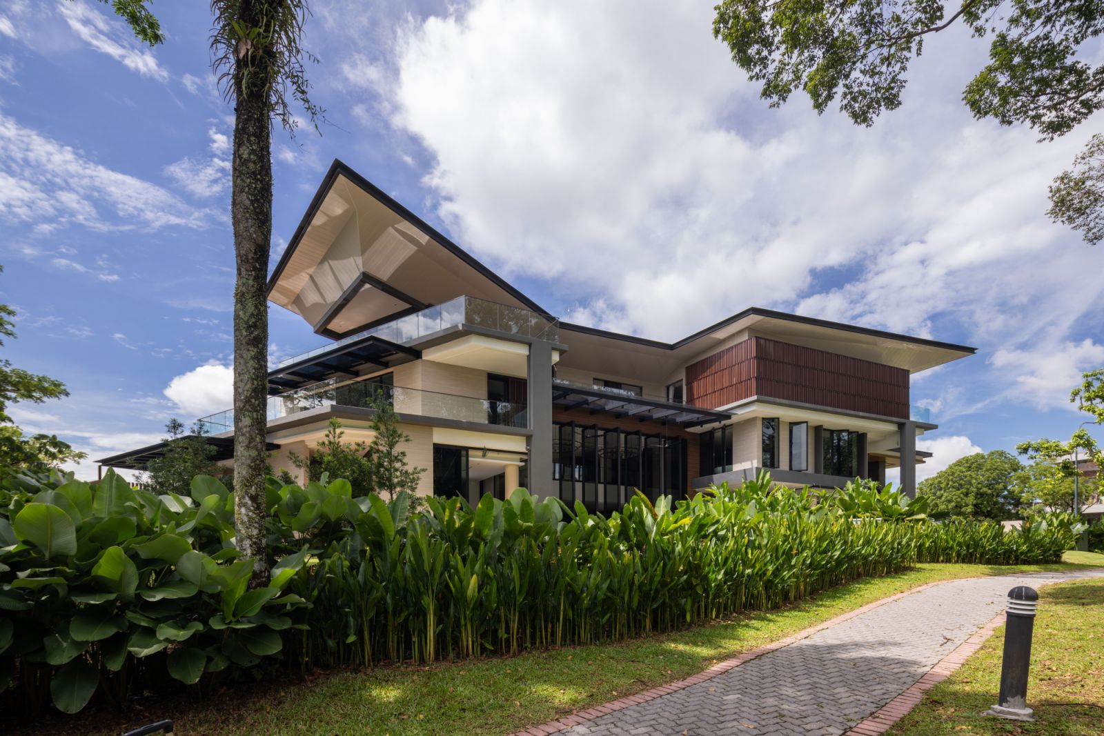 The distinctive roof planes create dramatic silhouettes against the sky