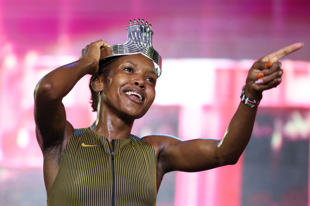 NEW YORK, NEW YORK - SEPTEMBER 26: Faith Kipyegon of Kenya celebrates after winning the 1500m during Athlos NYC at Icahn Stadium on September 26, 2024 in New York City. (Photo by Patrick Smith/Athlos/Getty Images for Athlos)
