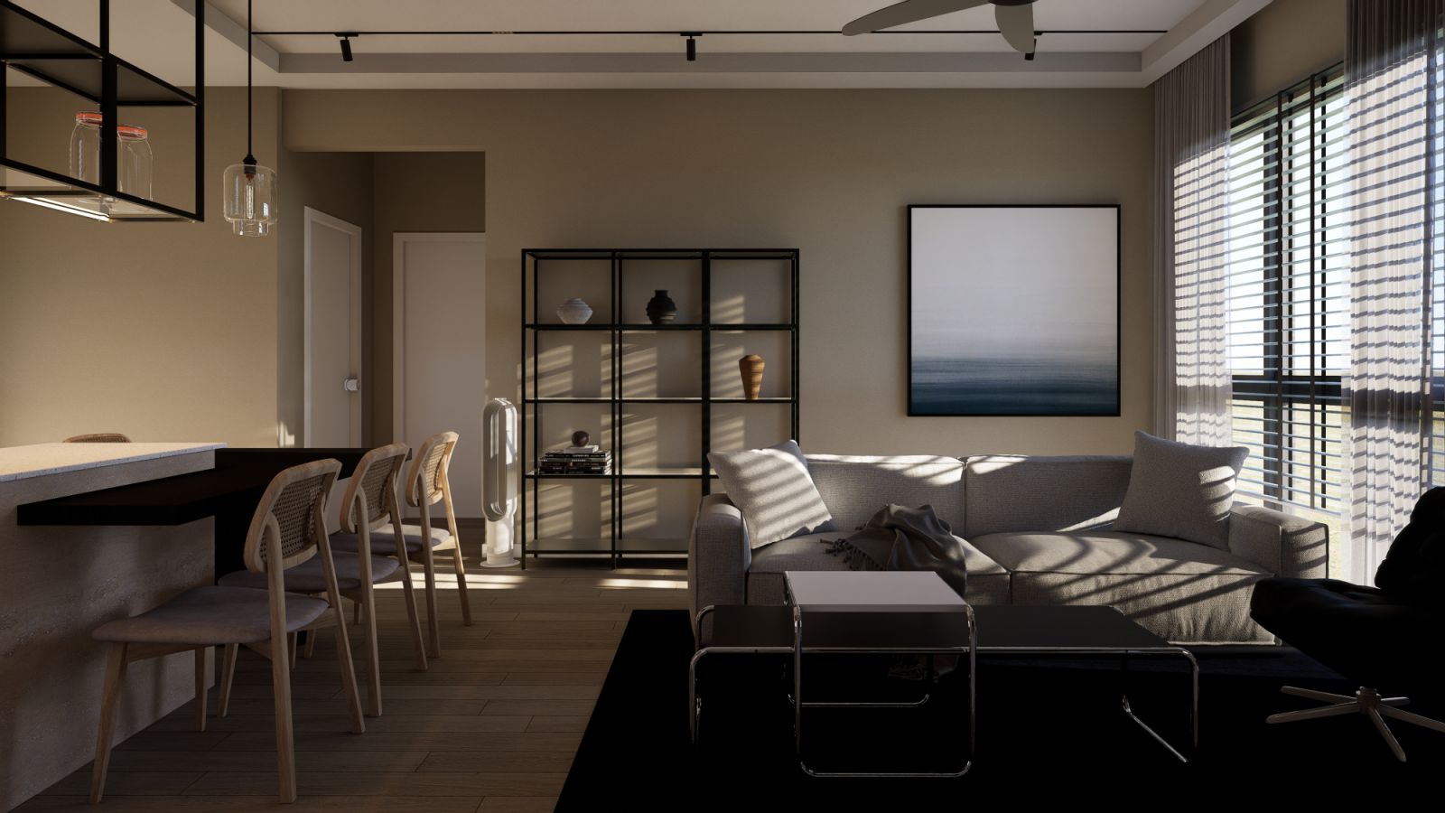 Clean, sleek lines typical of mid-century modern aesthetics in the open-plan home that emphasises functionality