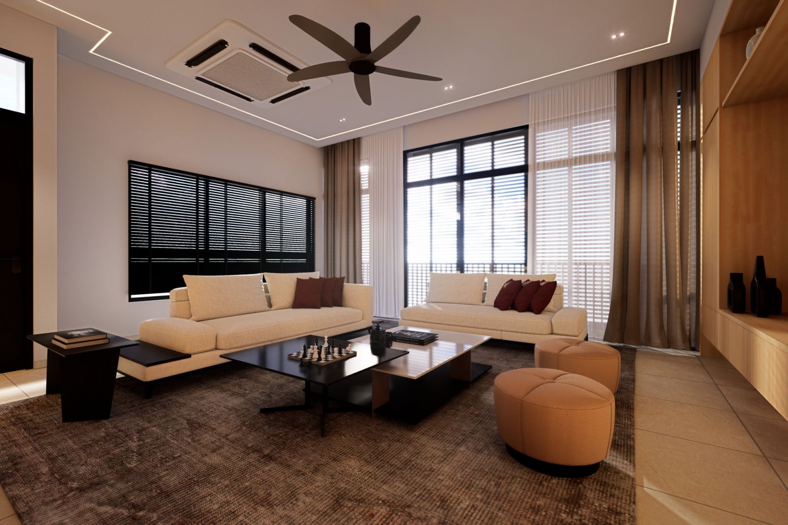 Large windows with blinds and glass blocks maximise natural light