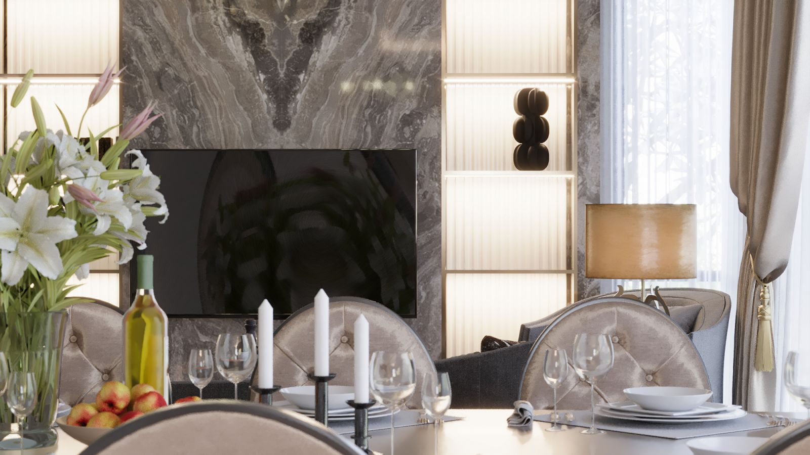 The dramatic marble TV wall anchors the space with luxurious materials