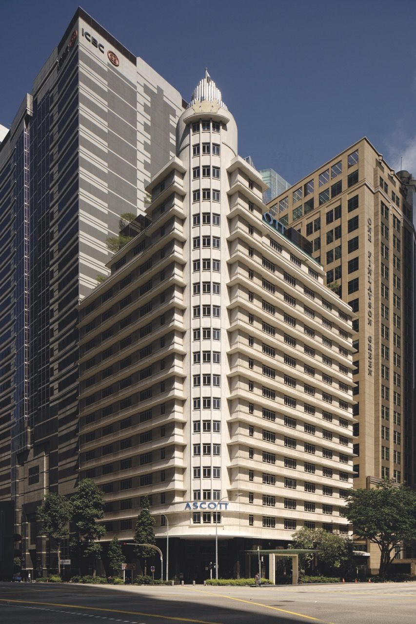 The old Asia Insurance Building (1955), now Ascott Raffles Place, features a distinctive three-tiered stainless-steel crown (Photo: Darren Soh)