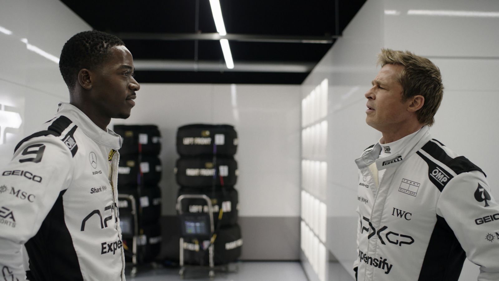 Damson Idris plays rookie driver Joshua Pearce and Brad Pitt is veteran racer Sonny Hayes in Apple's 'F1 The Movie' (Photo: Apple)