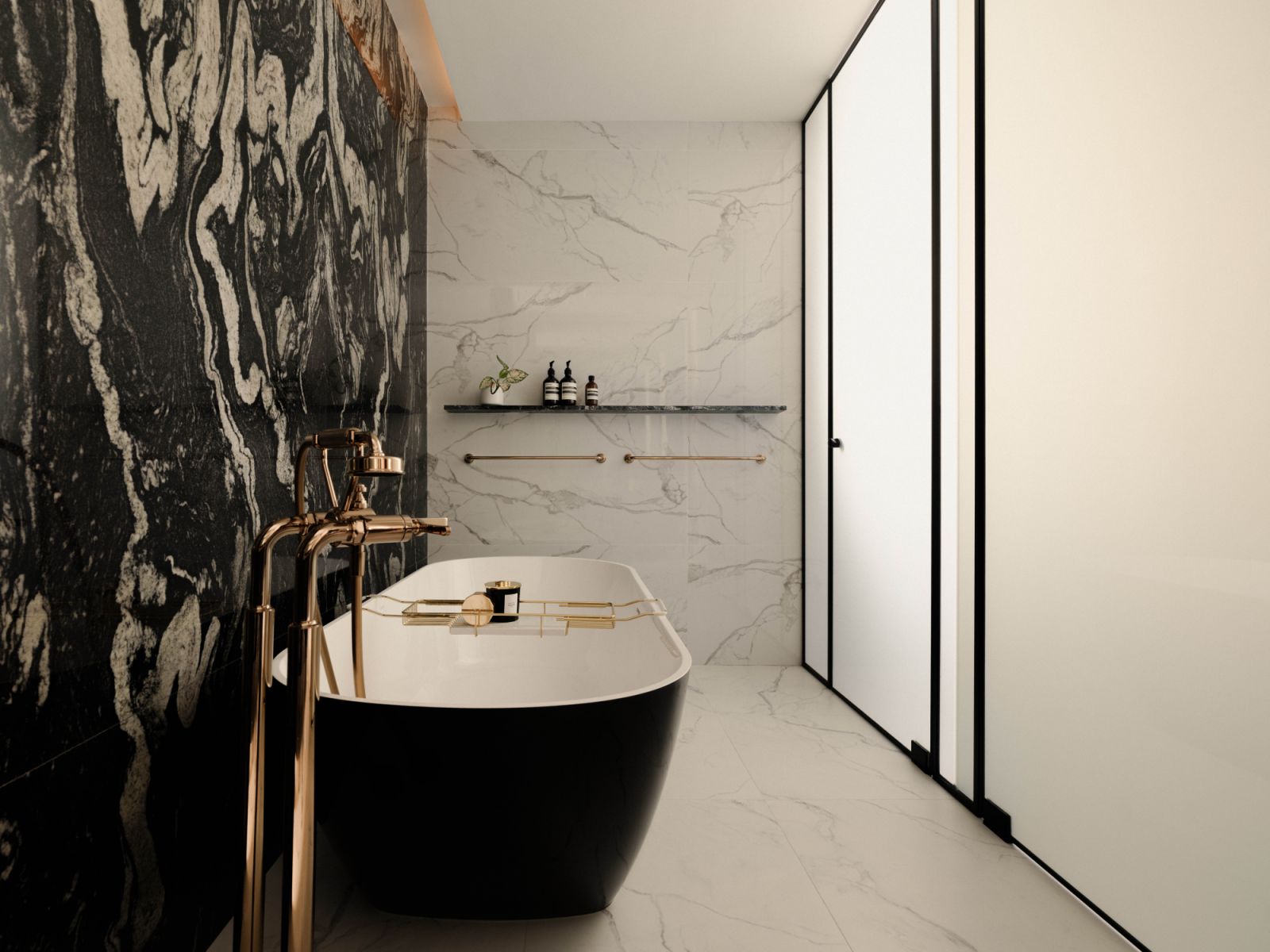 Bookmatched Titanium Black granite slabs lend a sumptuous graphic touch to the master bathroom