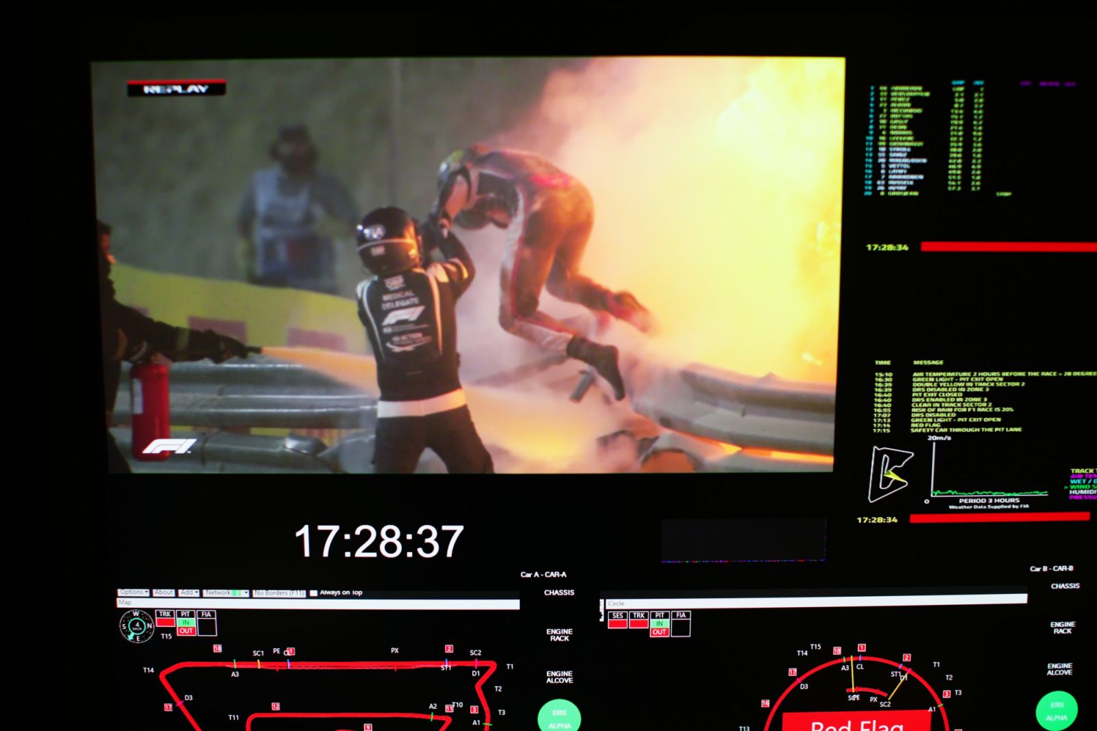 Romain Grosjean of France and Haas F1 is pictured on a screen escaping his crash during the F1 Grand Prix of Bahrain at Bahrain International Circuit on November 29, 2020 in Bahrain, Bahrain. (Photo:Getty Images)