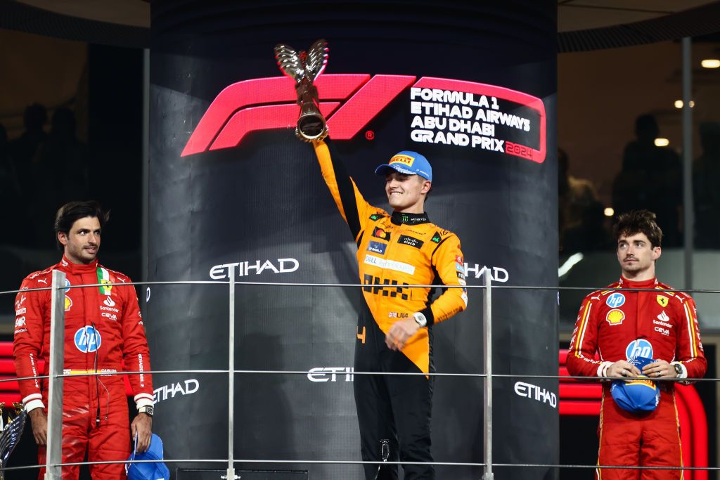 Lando Norris of McLaren celebrates on the podium during Formula 1 Abu Dhabi Grand Prix at Yas Marina Circuit on December 8th, 2024 in Abu Dhabi, United Arab Emirates. (Photo:Getty Images)