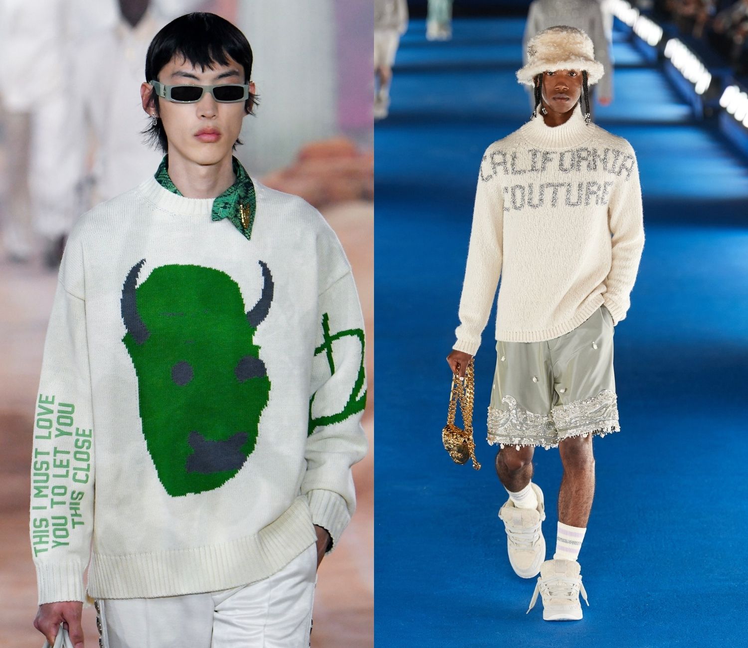 Tại Dior, Kim Jones vẫn tiếp tục duy trì sở thích hợp tác thời trang của mình với các tên tuổi có tầm ảnh hưởng trong giới Street Style như Stussy, Travis Scott, Eli Rusell Linnetz. Ảnh: Victor VIRGILE/Getty Images (ảnh trái); Isidore Montag/Gorunaway.com (ảnh phải)