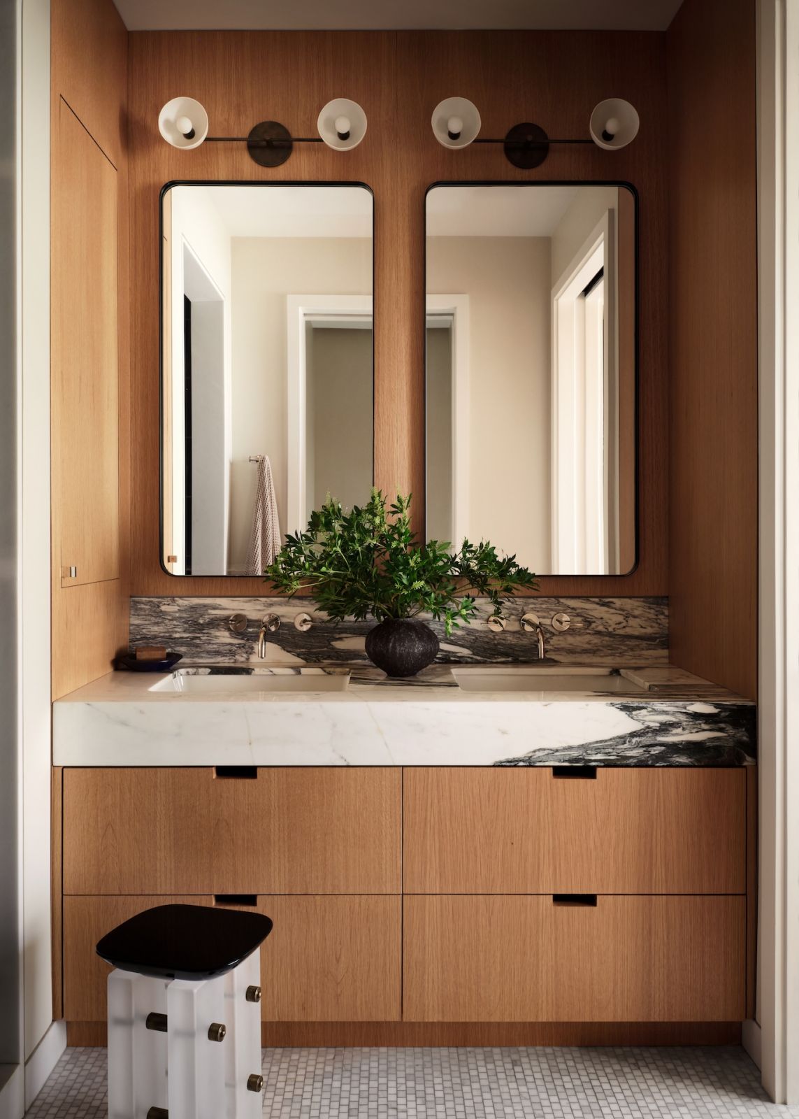 Craftsmanship and symmetry in a bathroom in a restored warehouse in the West Village, Manhattan, New York