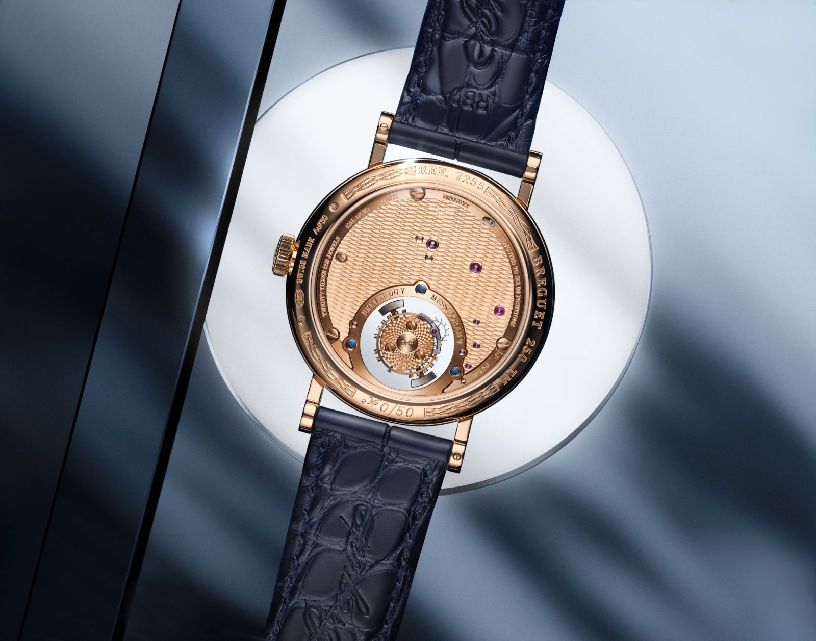 The decorative caseback also highlights the beauty of the flying tourbillon