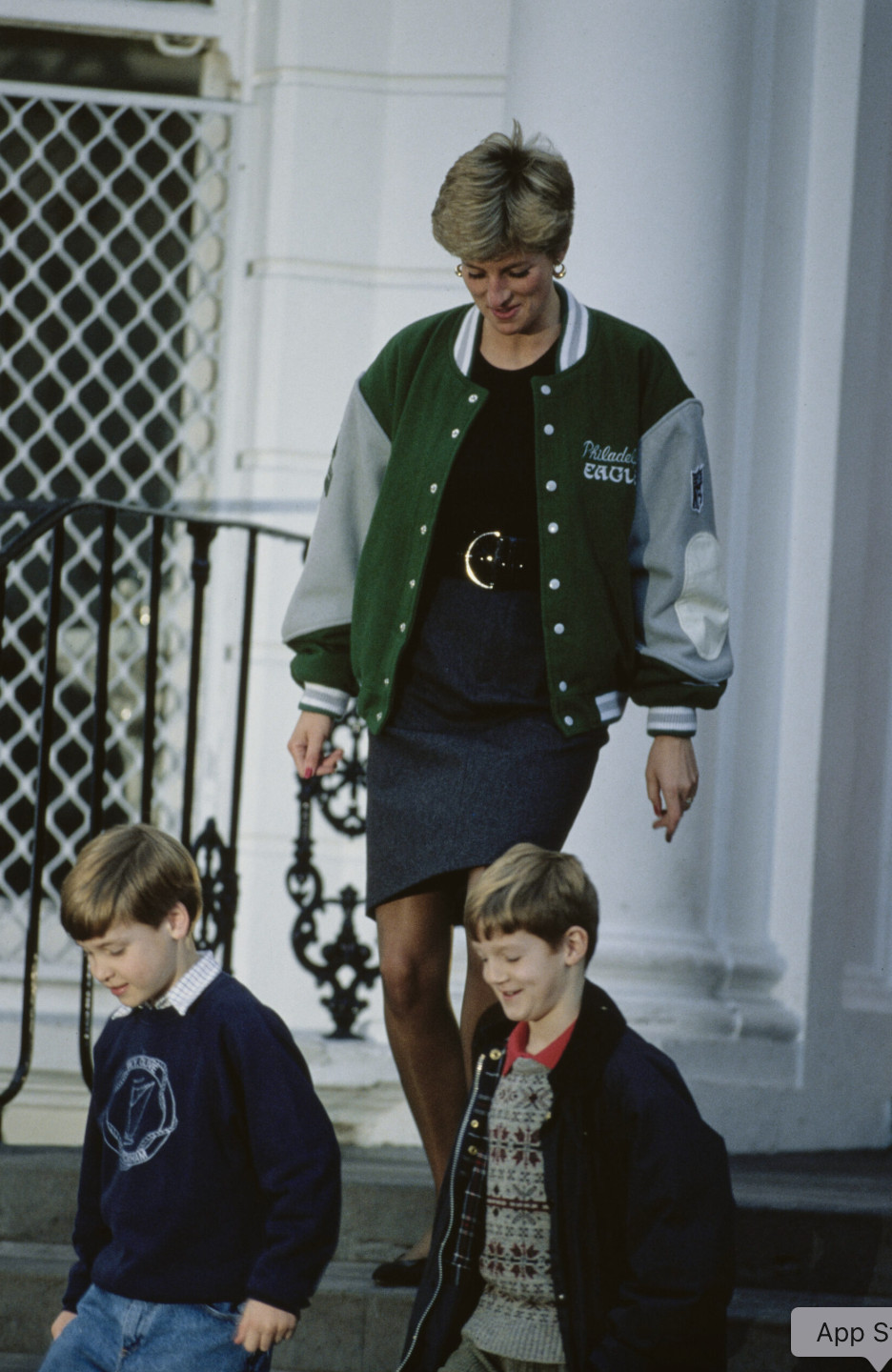 Diana, Princess of Wales dons an oversized Philadelphia Eagles varsity jacket while drop off a young Prince Harry to school (Photo: Getty Images)