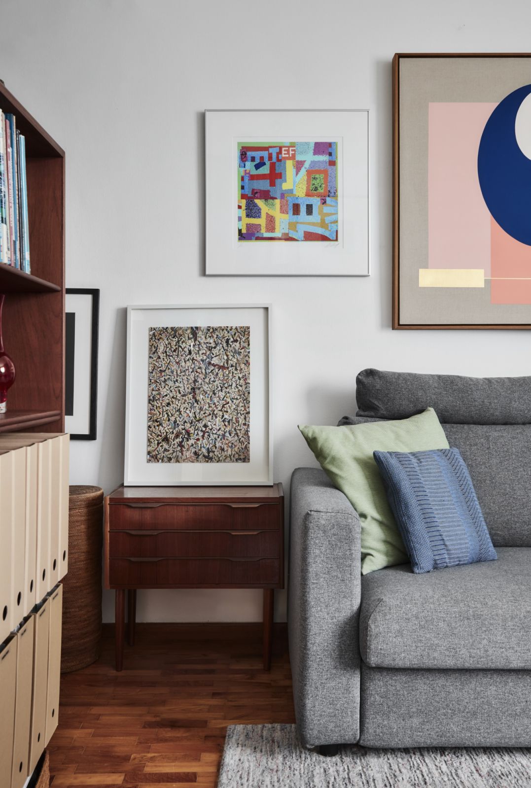 A view of the husband’s study, featuring works by Gary-Ross Pastrana, among other artists