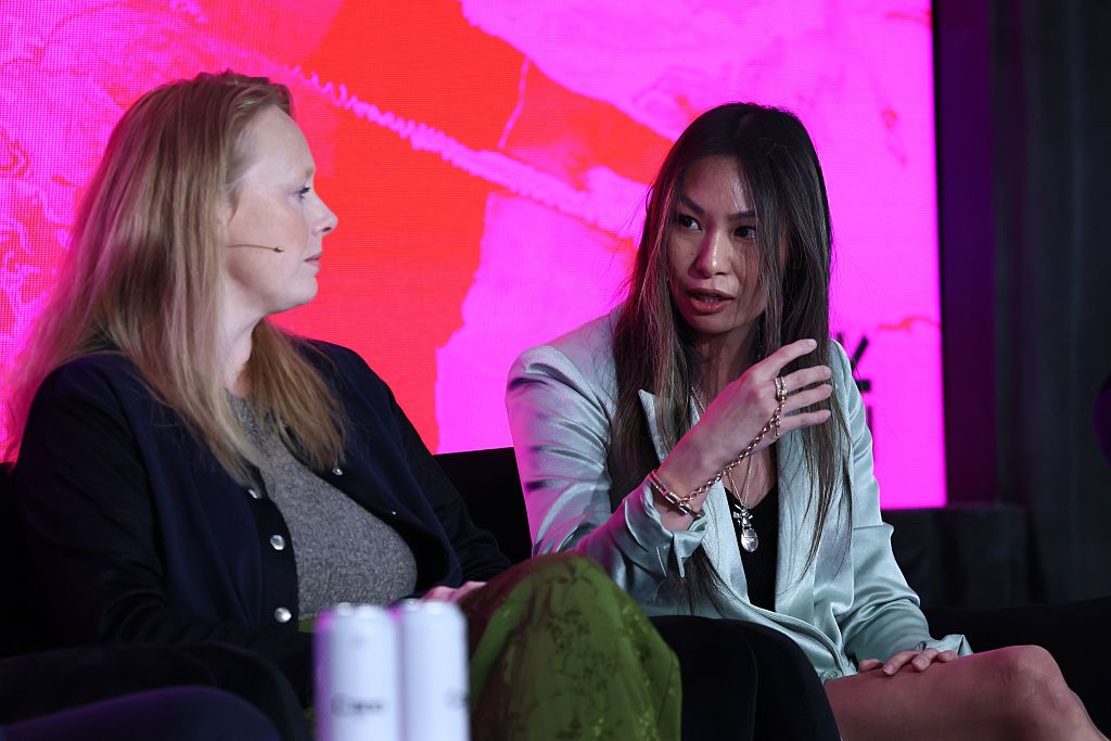 Kate Goodlad and Lucy Guo speak onstage during the "The View from 2050" panel discussion on day one of SXSW London 2025 at the Truman Brewery on June 02, 2025 in London, England. (Photo by Jack Taylor/Getty Images for SXSW London)