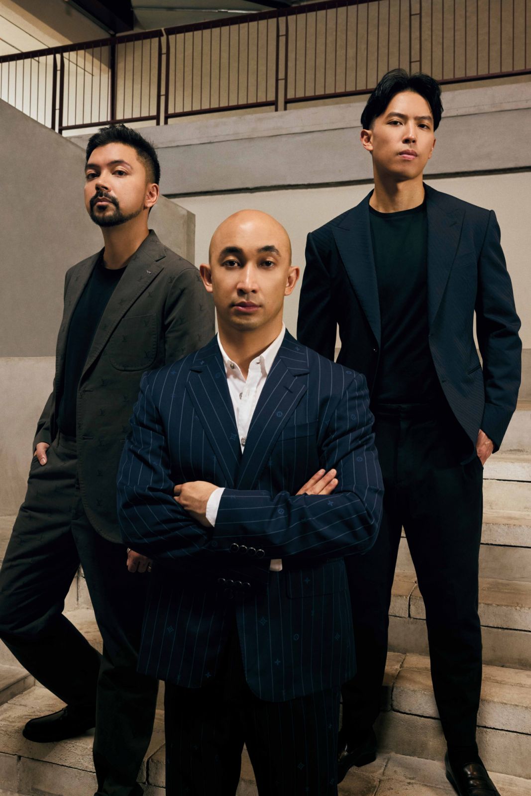 From left: Iqbal wears Louis Vuitton blazer and trousers; Dinesh in Louis Vuitton blazer, shirt and trousers; Liew wears Louis Vuitton blazer