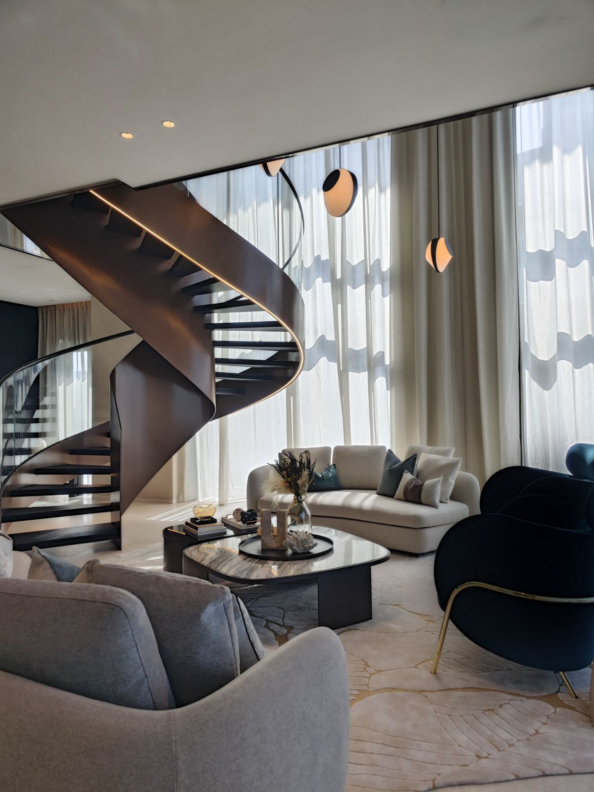 The double-volume living space enjoys plenty of natural light