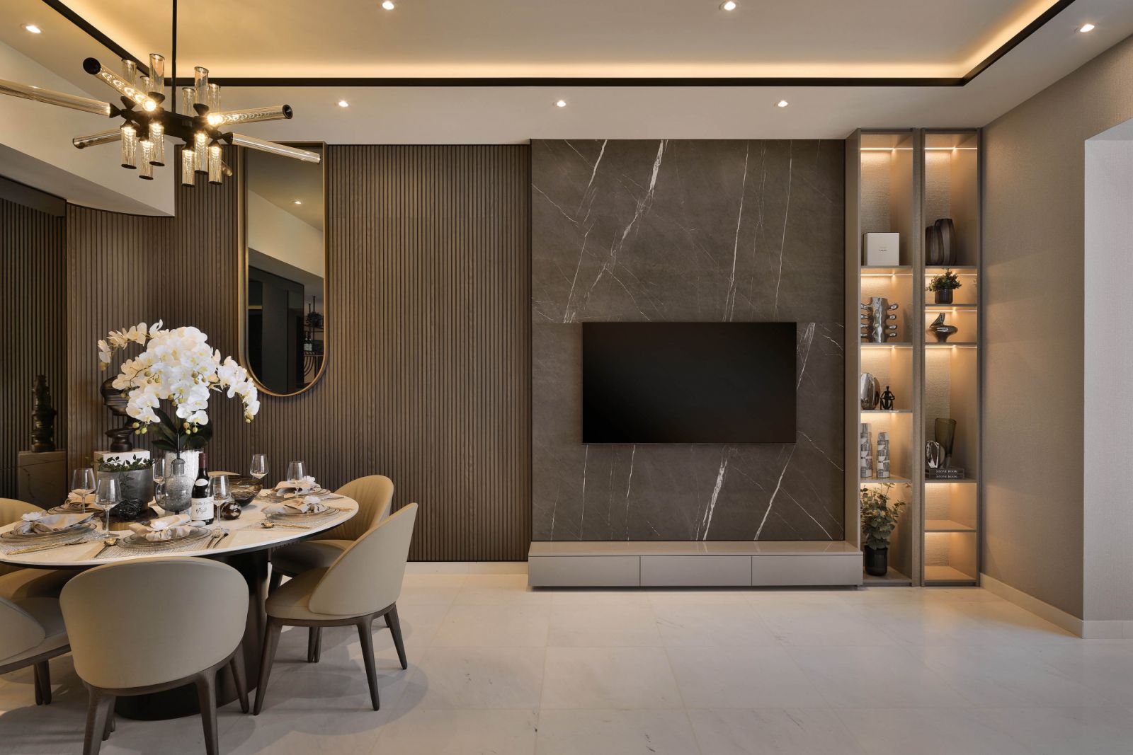 A wealth of geometric shapes and textures creates a rich spatial experience in the ground-floor apartment