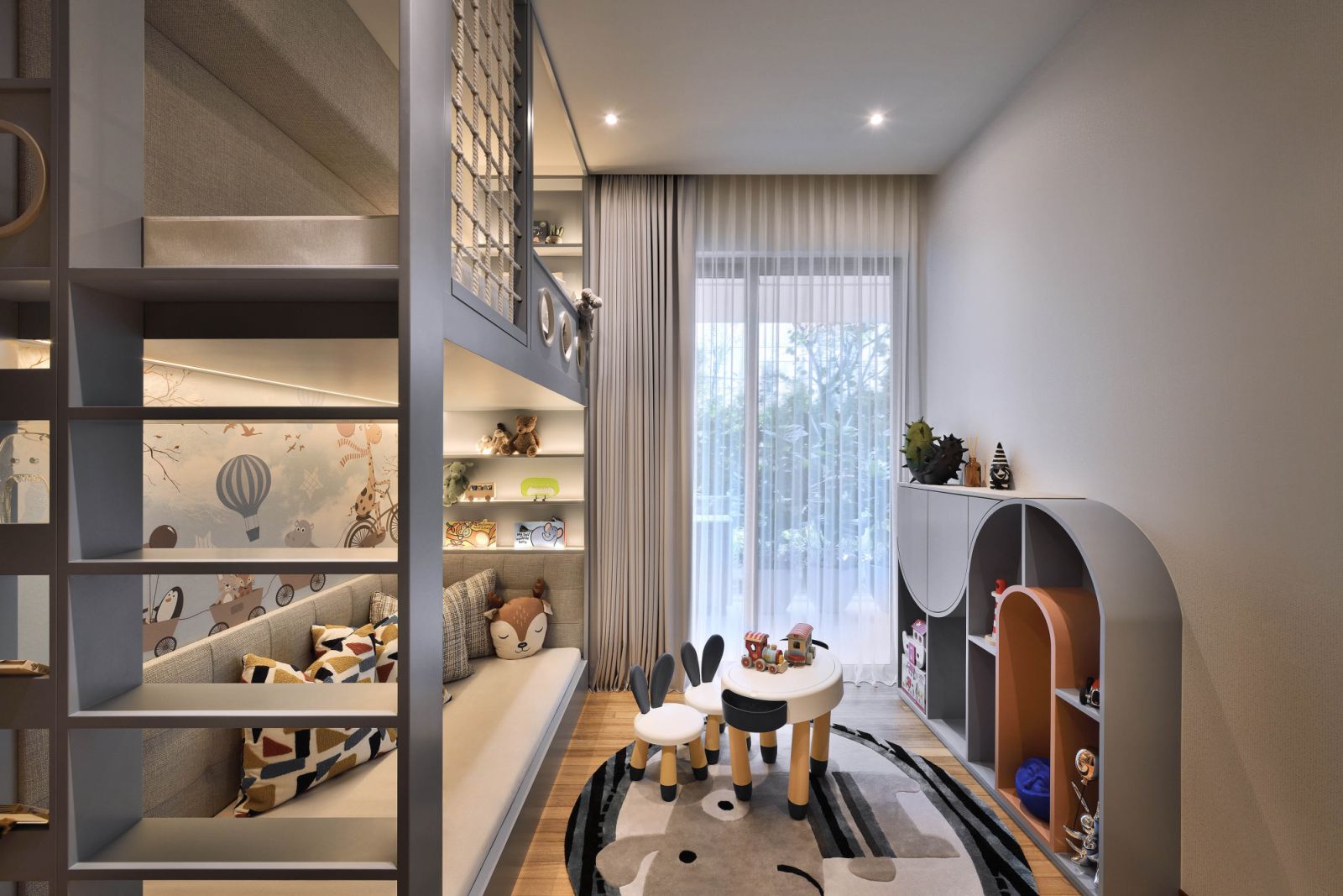 The children’s bedroom in the ground-floor apartment puts the ‘fun’ in functionality