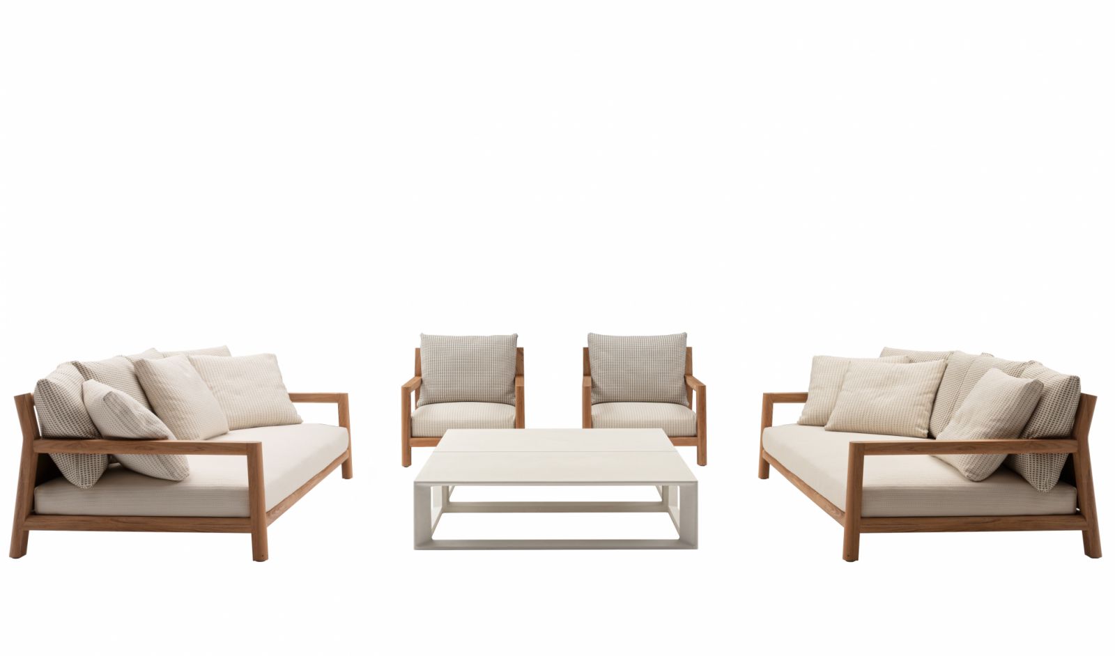 The Pablo Outdoor Sofa collection from B&B Italia showcases how teak’s natural beauty and durability combine to create timeless outdoor furniture that seamlessly blends minimalist design with luxurious comfort