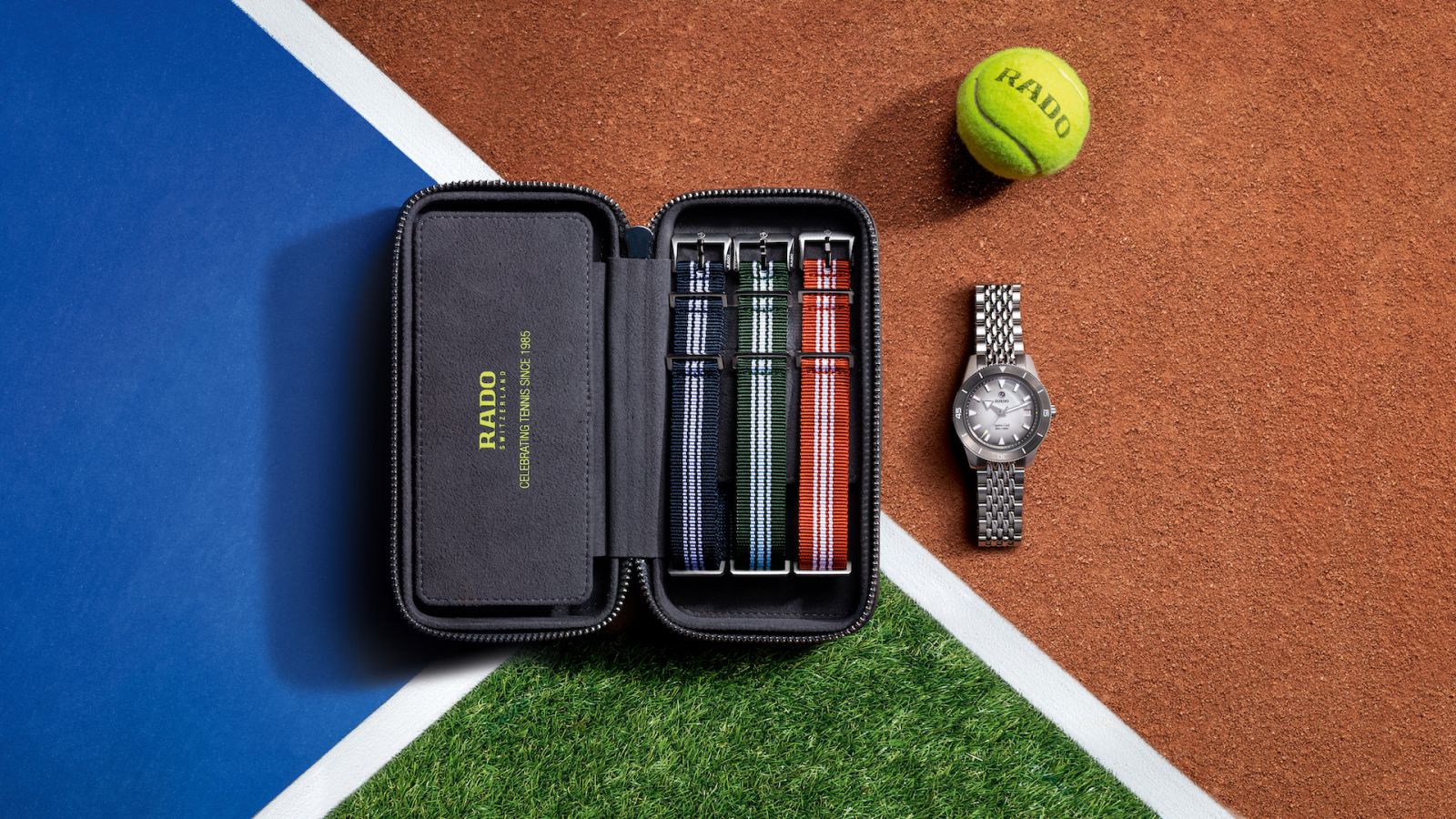 The Rado Captain Cook x Tennis Limited Edition iwih bracelet also comes with an additional set of three NATO-style straps and a leather pouch