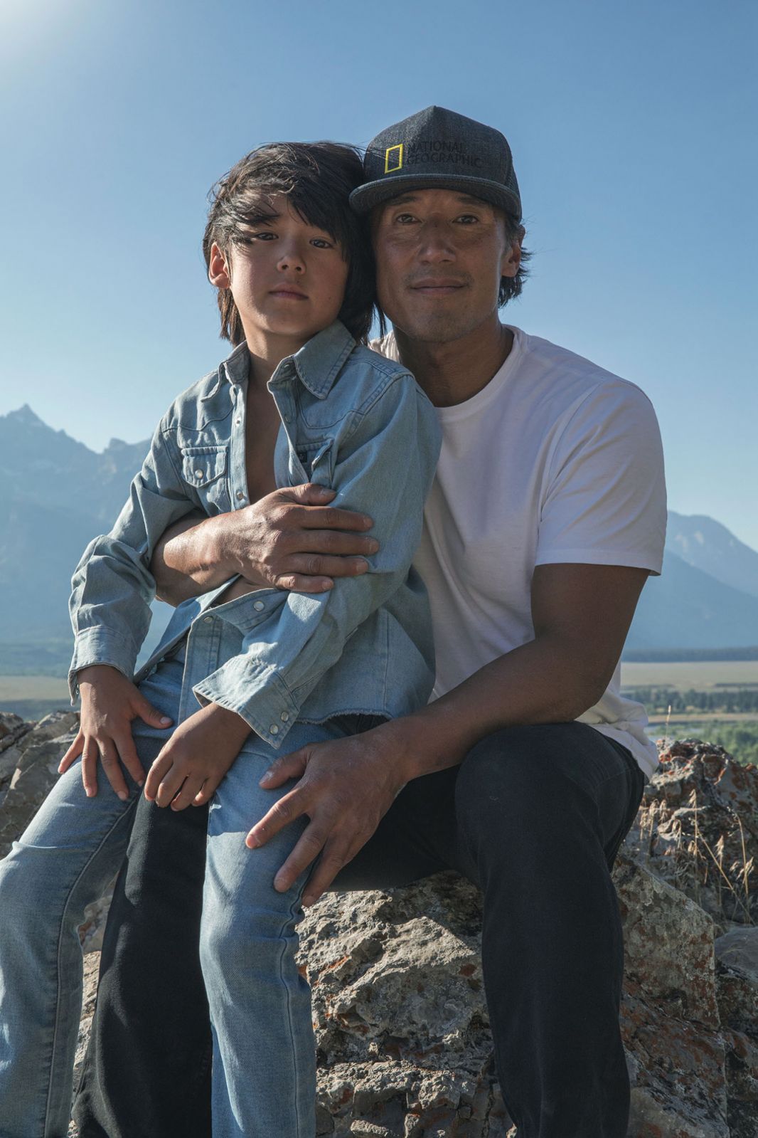 Jimmy Chin and his son in Grand Teton National Park, Wyoming
