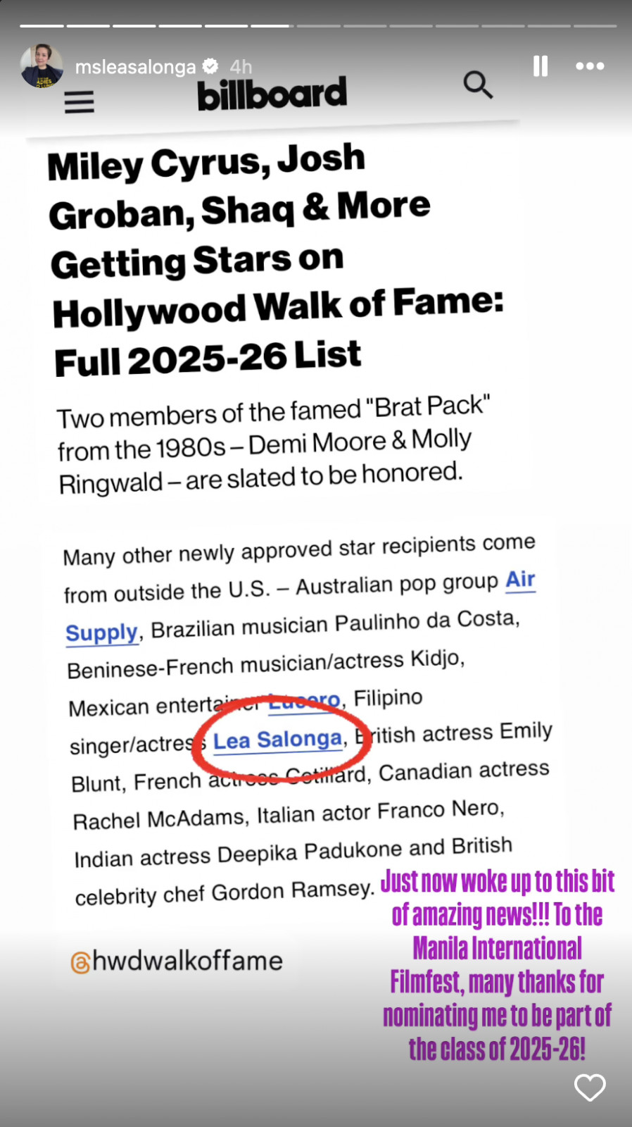 Lea Salonga reacts to the recognition in an Instagram story (Photo: Instagram / Lea Salonga)