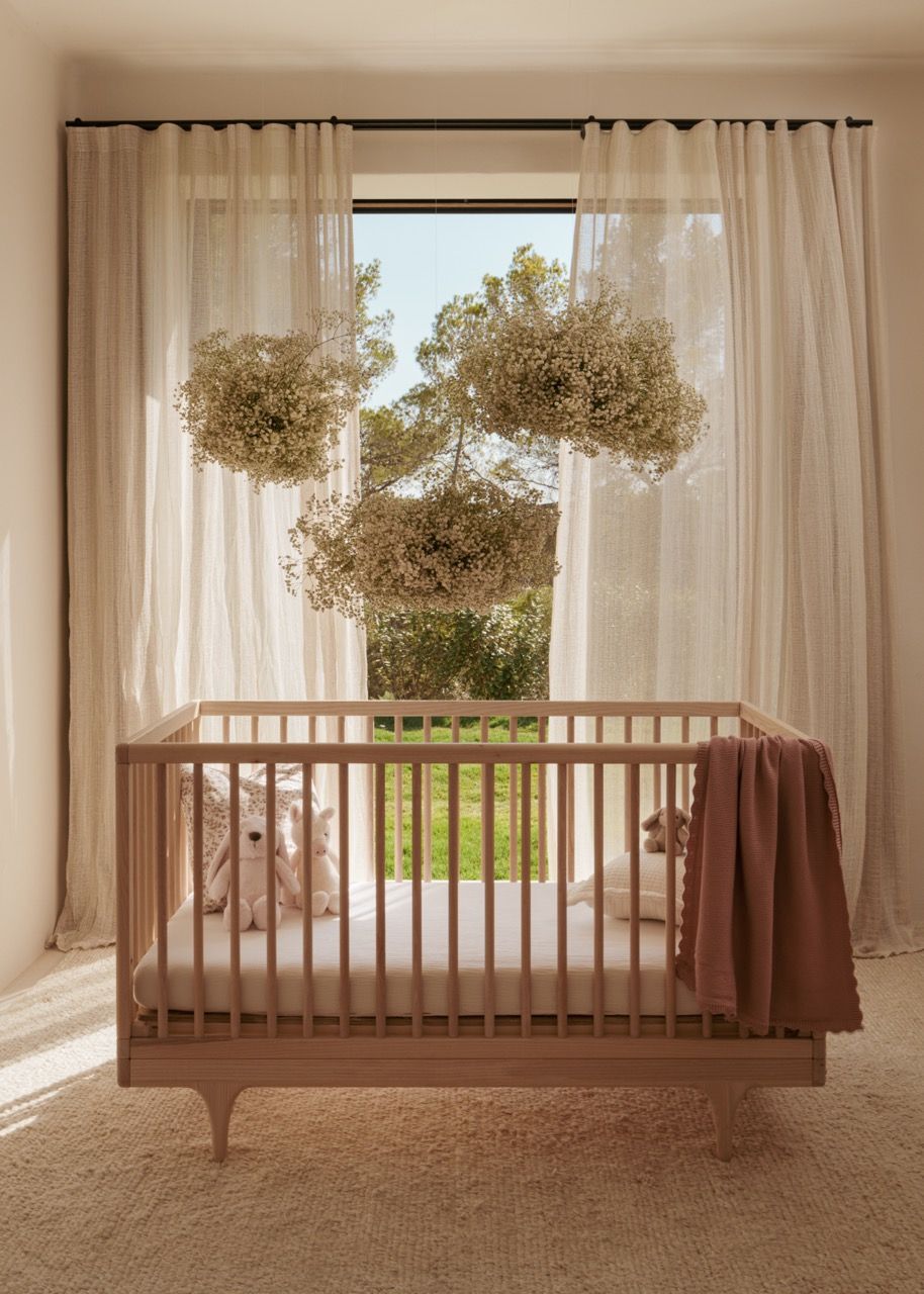 The nursery features a Kalon Studios crib positioned to take advantage of natural light and garden views, with sheer linen curtains providing gentle privacy whilst maintaining the connection to nature