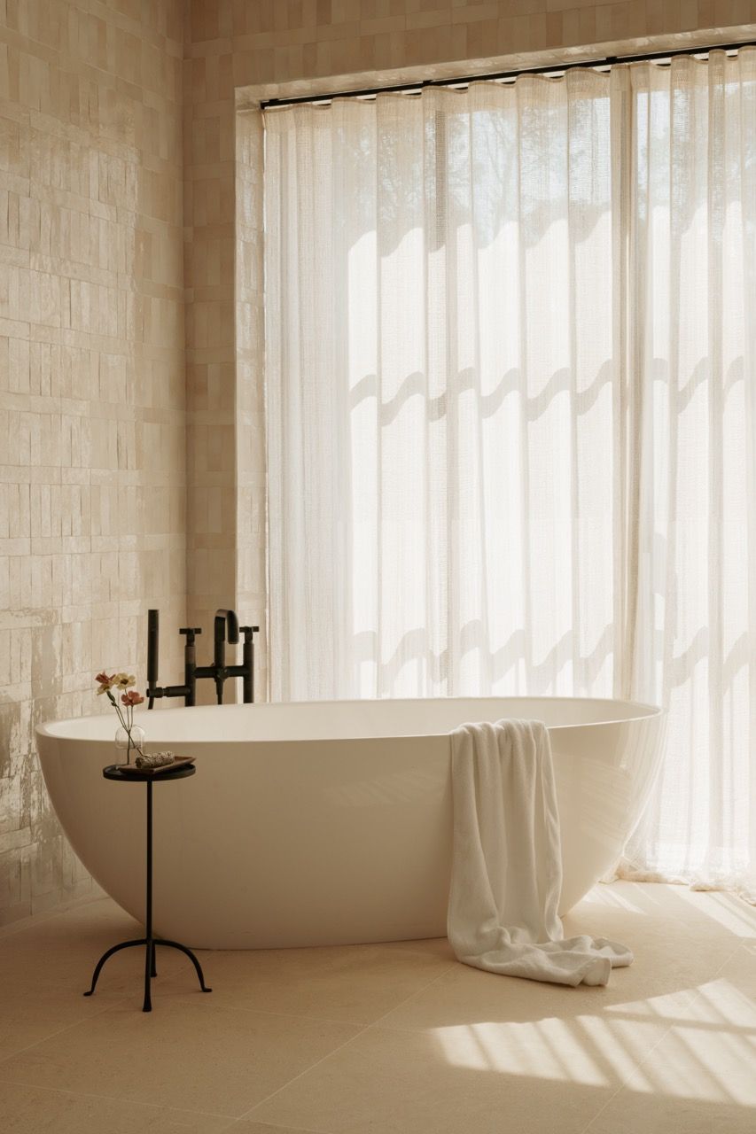 The master bathroom’s freestanding tub is positioned to capture natural light through sheer curtains, with traditional sandstone tiles creating texture against the clean contemporary lines
