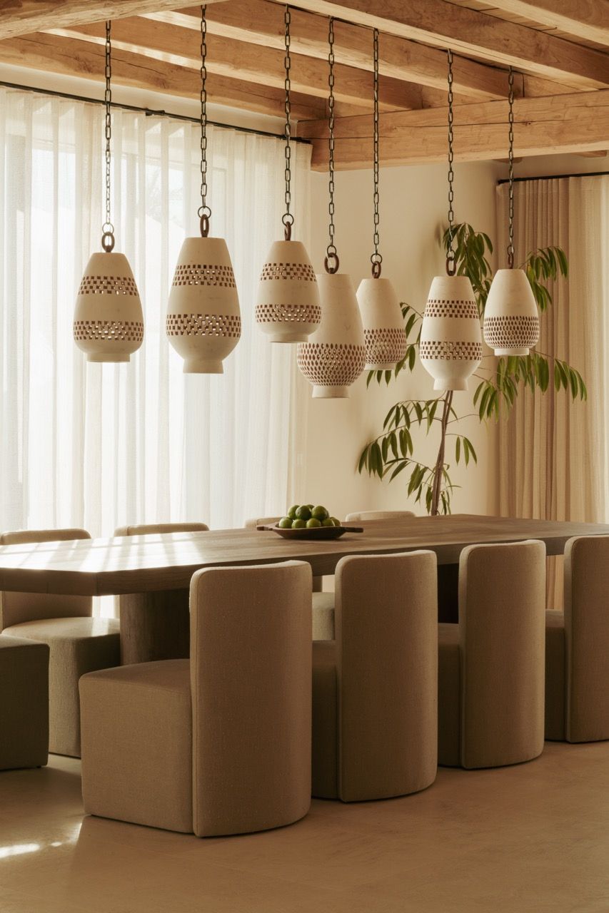 The dining area’s L’Aviva Home pendant lights—which Tom Lawrence-Levy describes as his favourite elements—create an intimate atmosphere above the custom dining table