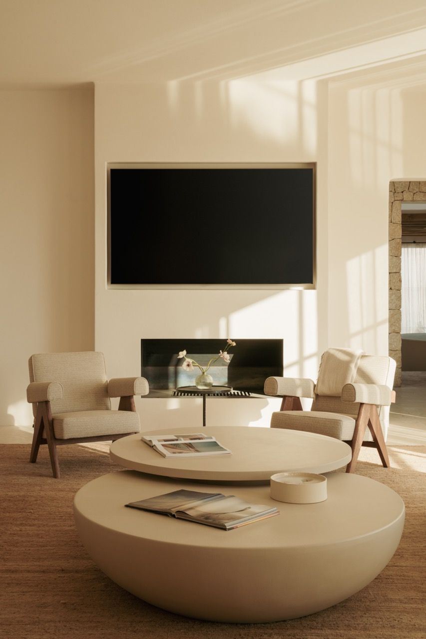 The main living area features Tom Lawrence-Levy’s signature custom coffee table—designed as two pieces that only work when together—surrounded by vintage mid-century chairs and contemporary seating