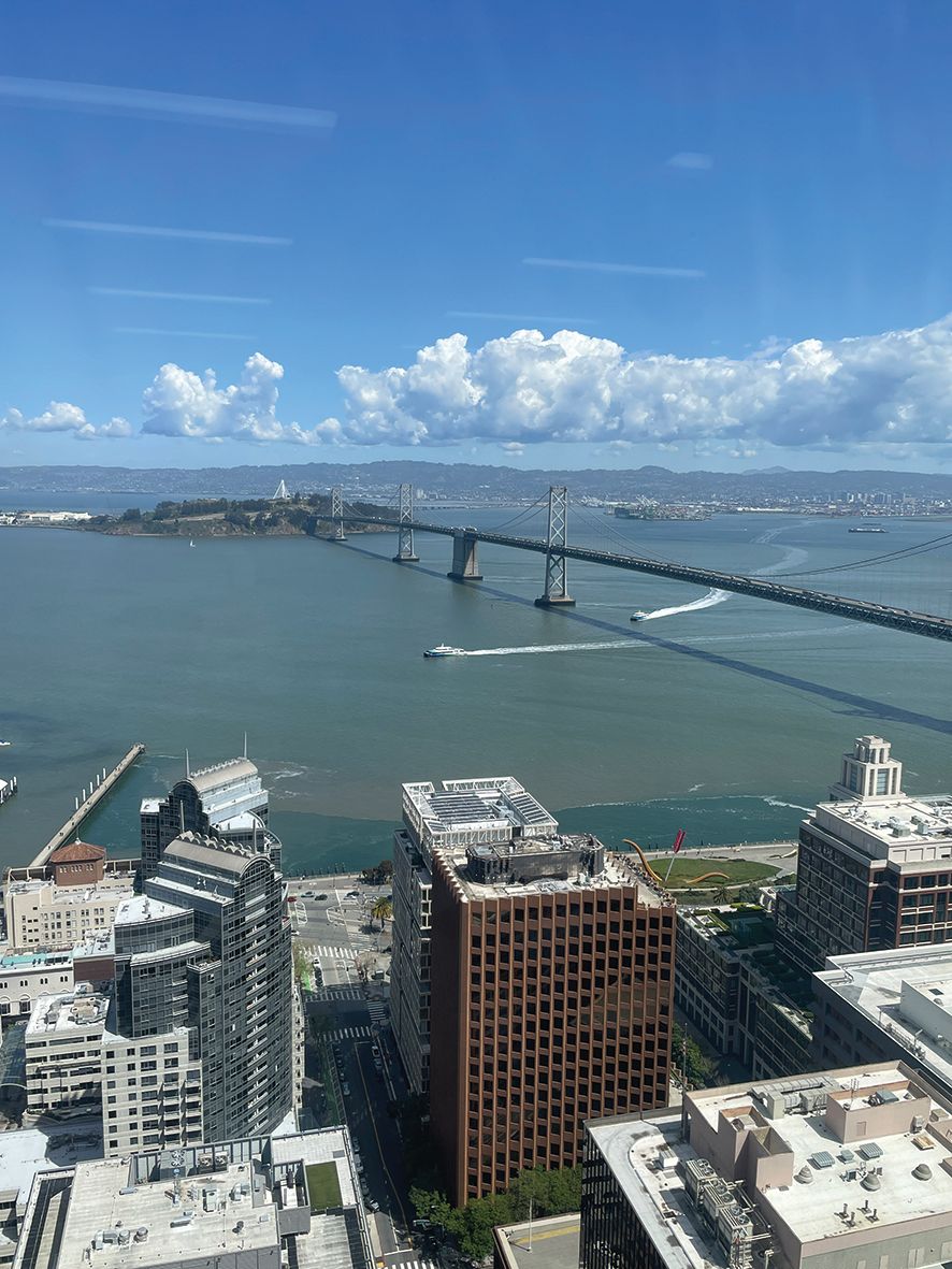 The view of the San Francisco‑Oakland Bay Bridge from Elisha Tan’s office at Meta
