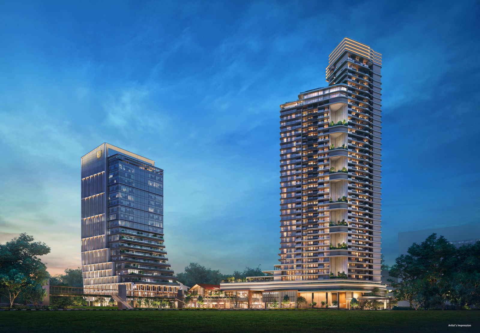 A night-time rendering of the Union Square project by CDL