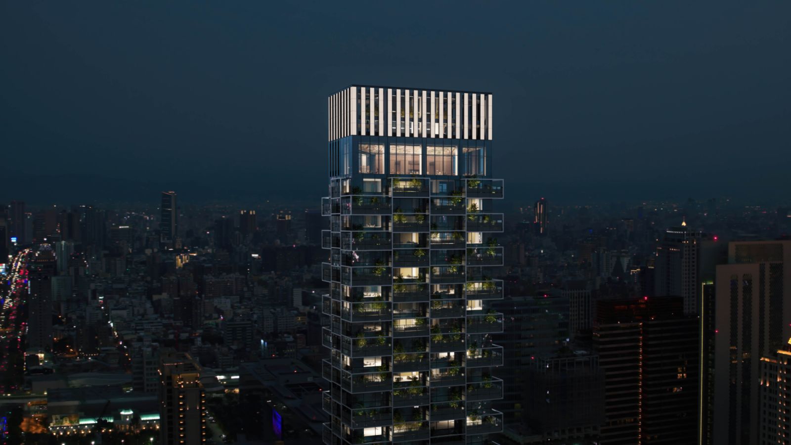 A night-time rendering of Lian Palace in Taichung, Taiwan by ACPV Architects