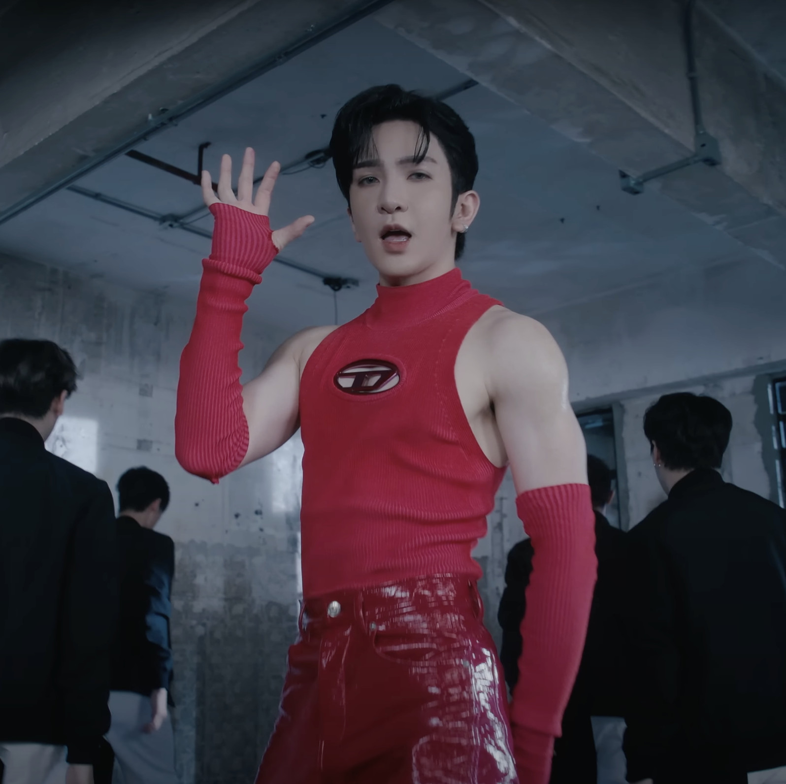 Anson Lo in a all-red outfit for "Nah" music video (dance version)