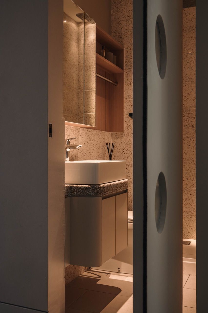Bathroom featuring natural stone surfaces and custom cabinetry, maintaining the natural materials approach in wet areas