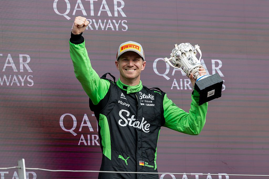 NORTHAMPTONSHIRE, ENG - JULY 06: Nico Hulkenberg of Germany and Team Stake F1 Team Kick Sauber (27) celebrates his first podium after the F1 Grand Prix of Great Britain on July 06, 2025 at Silverstone Circuit in Northampton, England. (Photo by Bob Kupbens/Icon Sportswire via Getty Images)