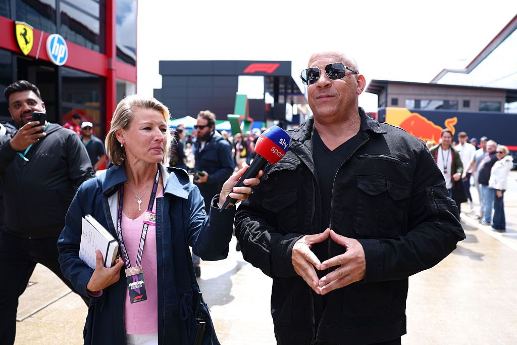 NORTHAMPTON, ENGLAND - JULY 06: Vin Diesel is interviewed in the Paddock prior to the F1 Grand Prix of Great Britain at Silverstone Circuit on July 06, 2025 in Northampton, England. (Photo by Clive Rose/Getty Images)