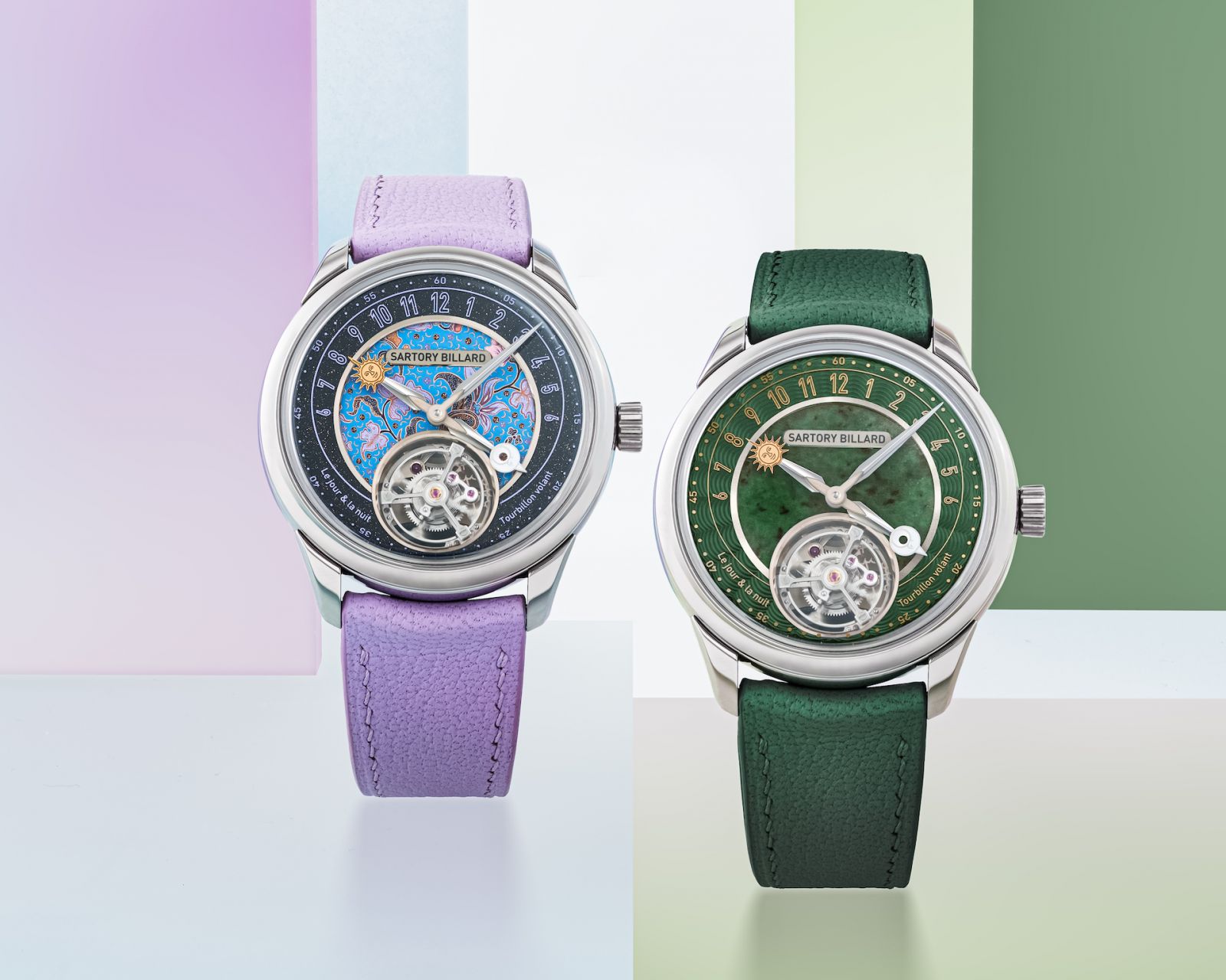 Sartory Billard SB06 Flying Tourbillon SHH Edition Malaysia with batik aventurine dial (left) and green jade dial