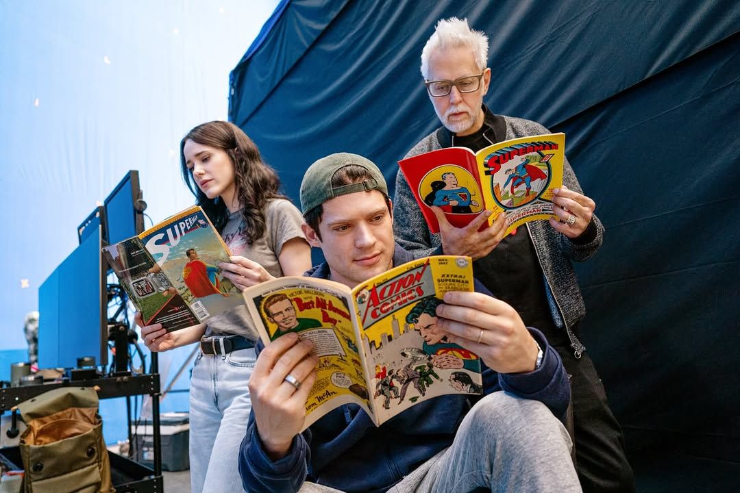 Rachel Brosnahan (Lois Lane), David Corenswet (Superman/Clark Kent), and director James Gunn read Superman comics (Photo: David Corenswet)