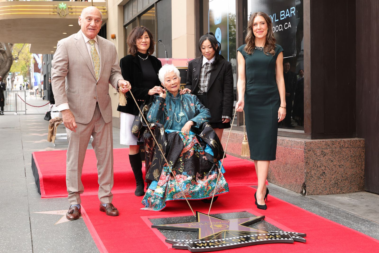 HOLLYWOOD, CALIFORNIA - MAY 05: (L-R) Steven Nissen, President & CEO, Hollywood Chamber of Commerce, Janet Yang, Lisa Lu, Awkwafina, and Sarah Zurell attend the Lisa Lu Hollywood Walk of Fame Star Ceremony on May 01, 2025 in Hollywood, California. (Photo by Monica Schipper/Getty Images)