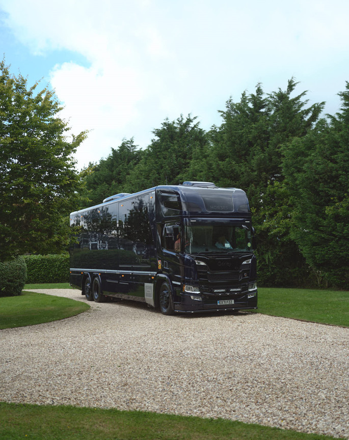 The sleek midnight blue exterior of Barbara Hester’s bespoke horsebox, designed by London studio Thorp in collaboration with Oakley