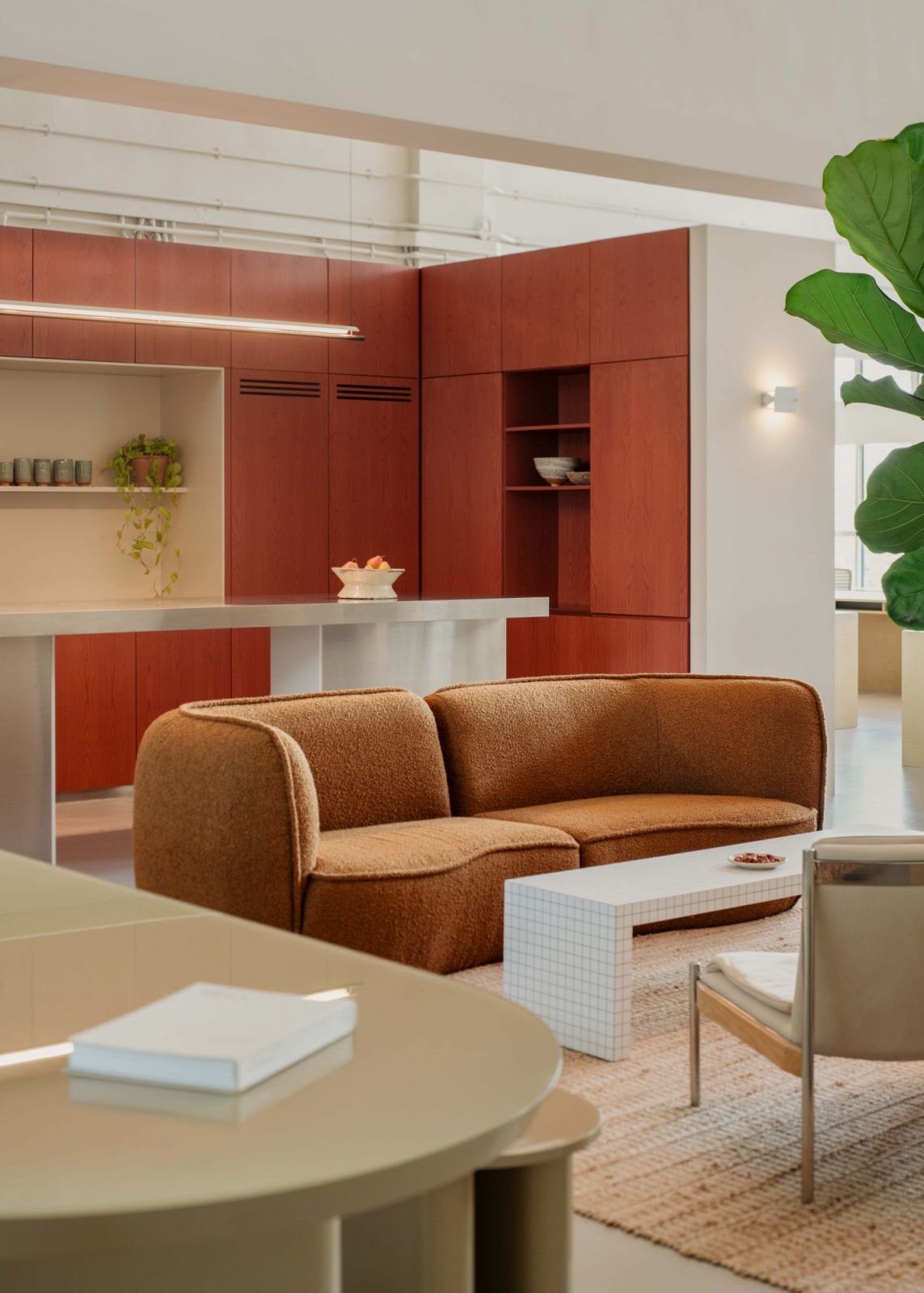 A terracotta pantry lends cheer to the office setting