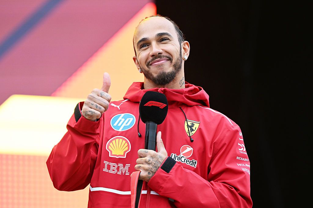 F1 Grand Prix of Great Britain
NORTHAMPTON, ENGLAND - JULY 06: Lewis Hamilton of Great Britain and Scuderia Ferrari talks on the fan stage after the F1 Grand Prix of Great Britain at Silverstone Circuit on July 06, 2025 in Northampton, England. (Photo by Mark Sutton - Formula 1/Formula 1 via Getty Images)